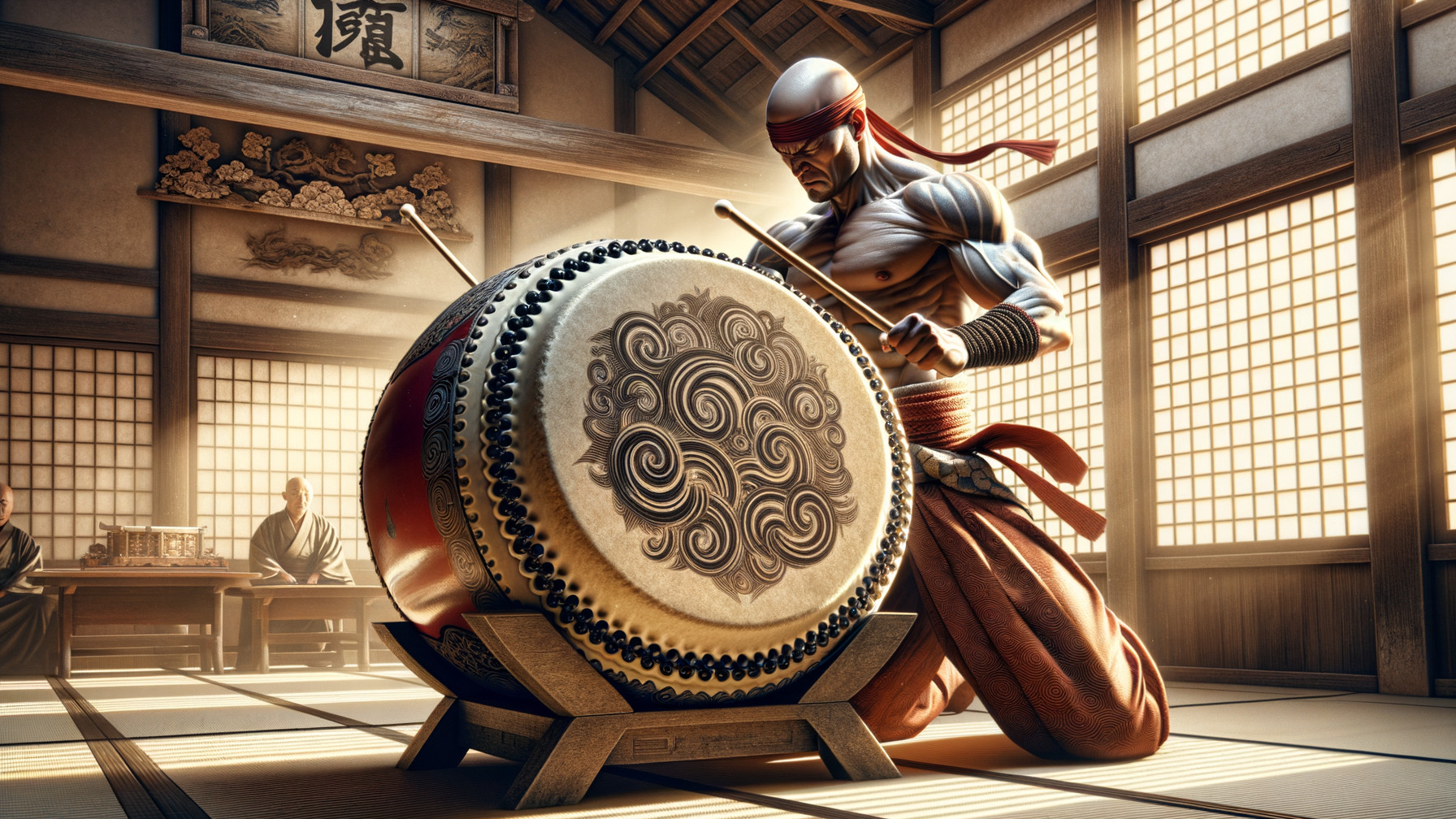 Muscular Figure Kneeling Before Taiko Drum in Dojo