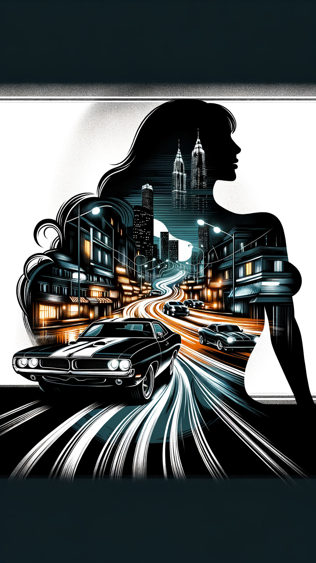 Silhouette of Woman Merging with Cityscape at Night