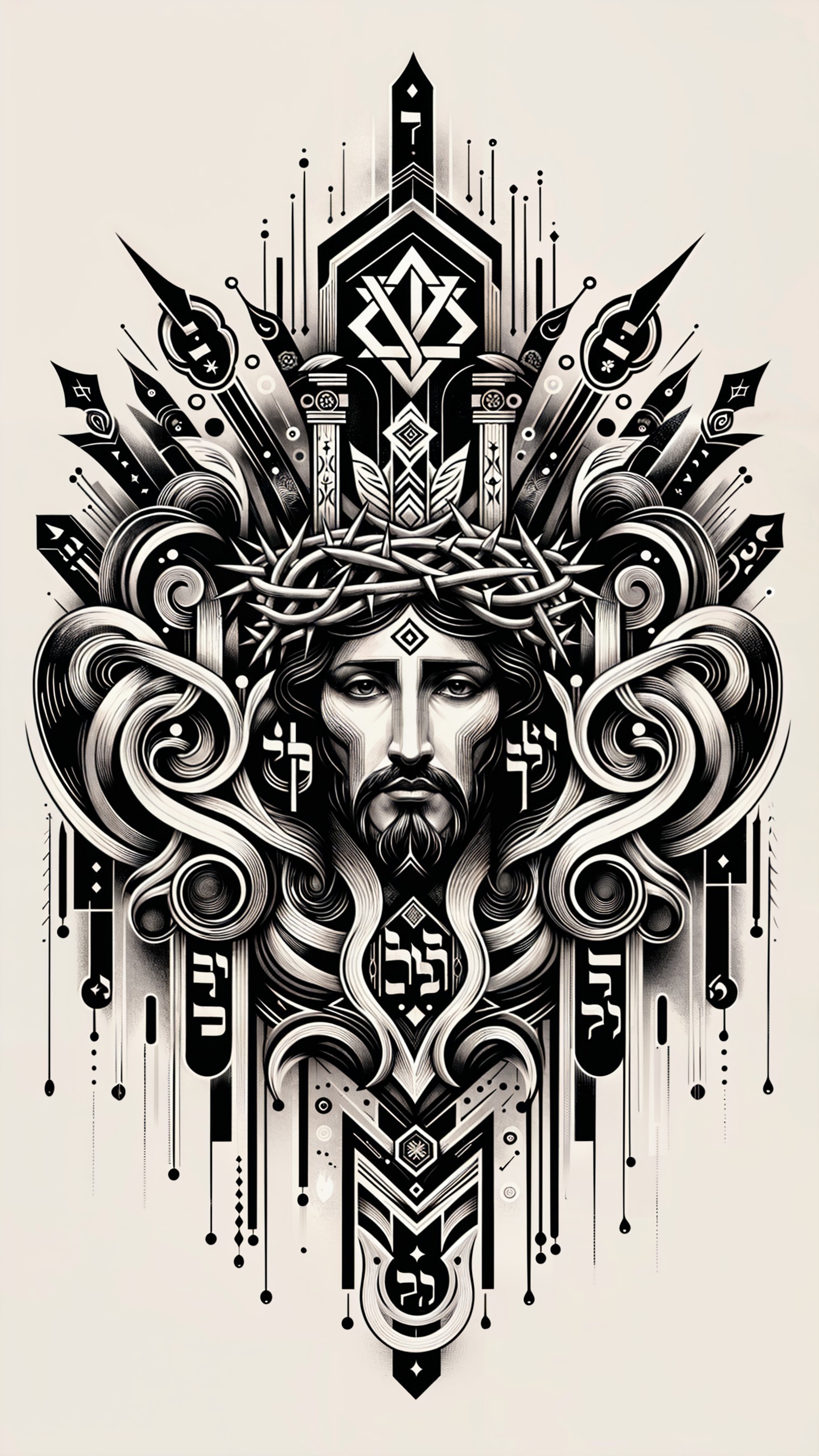 Intricate Black and White Illustration of a Crowned Figure