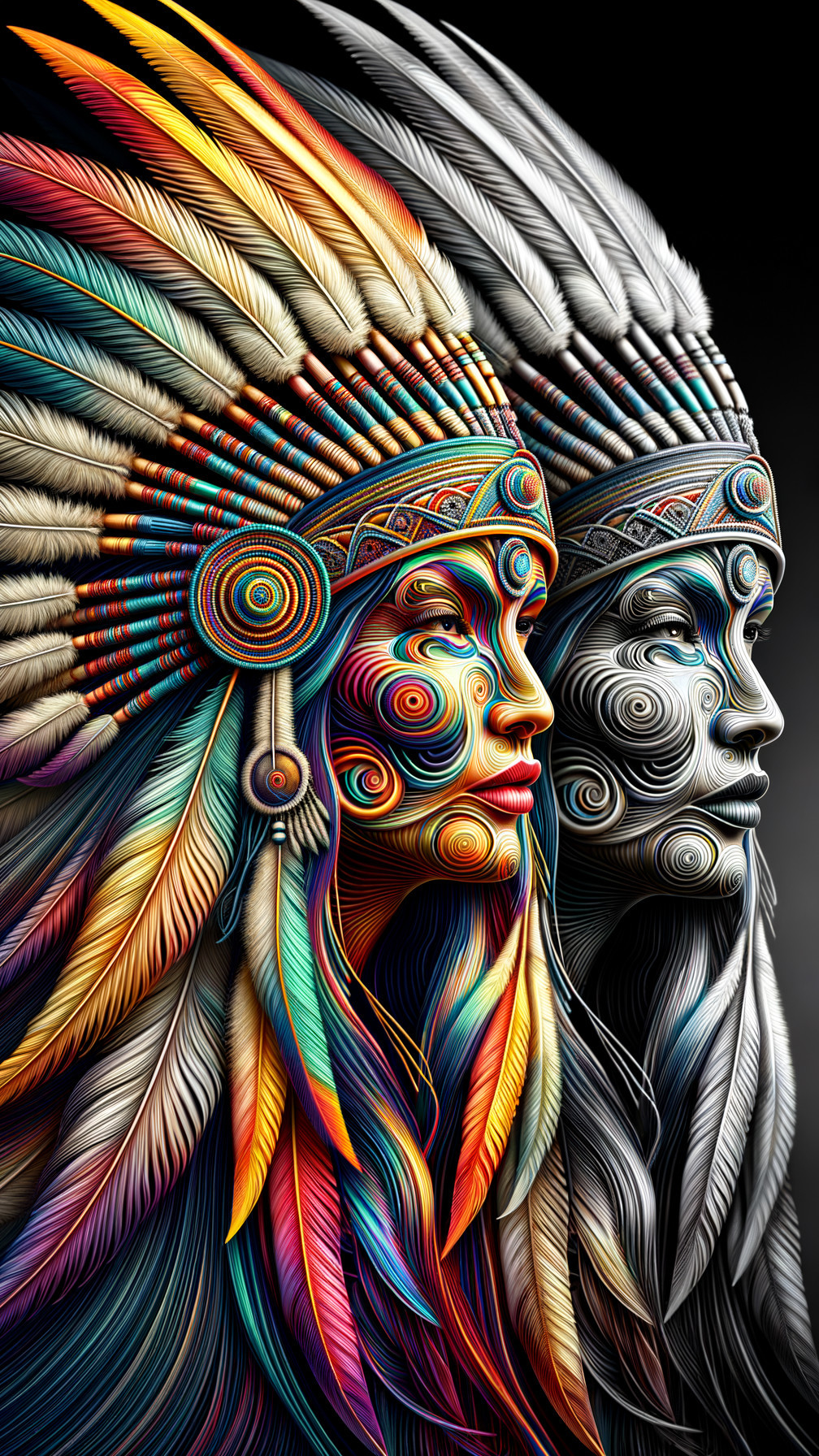 Stylized Profiles with Traditional Headdresses and Colors