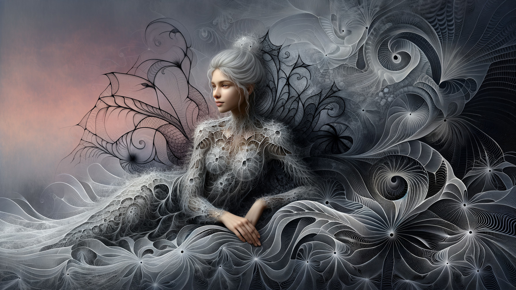 Serene Figure Amidst Intricate Swirling Patterns