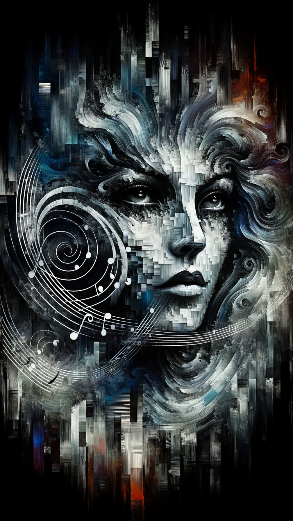 Mystical Face with Patterns and Musical Elements