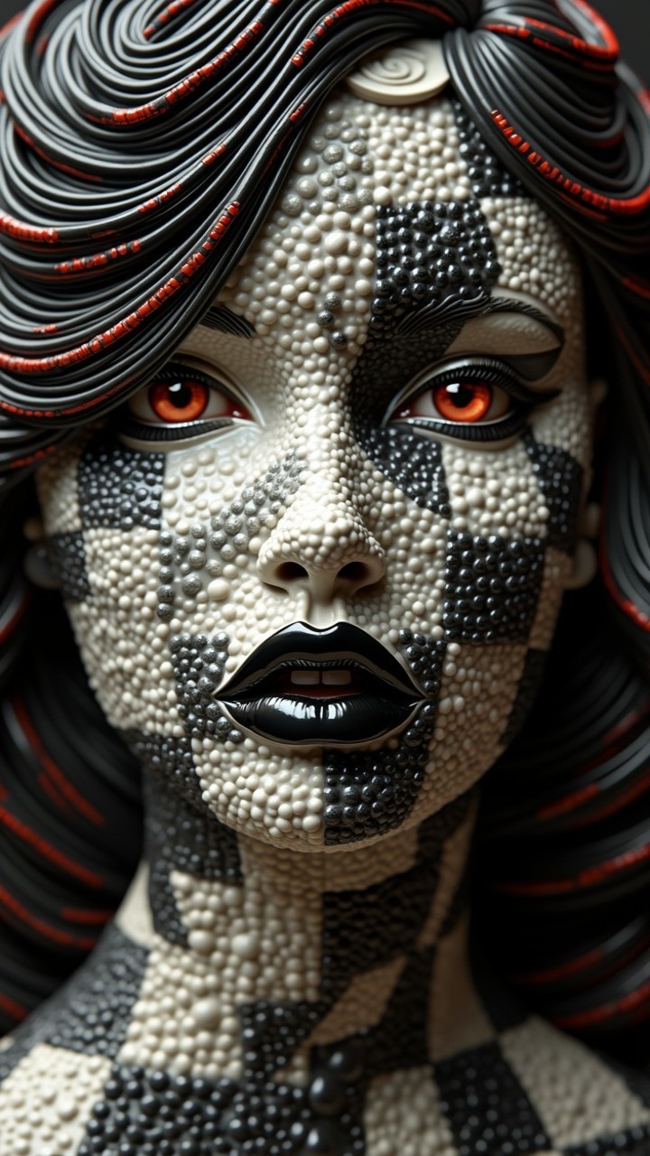 Artistic Figure with Mosaic Pattern and Red Accents