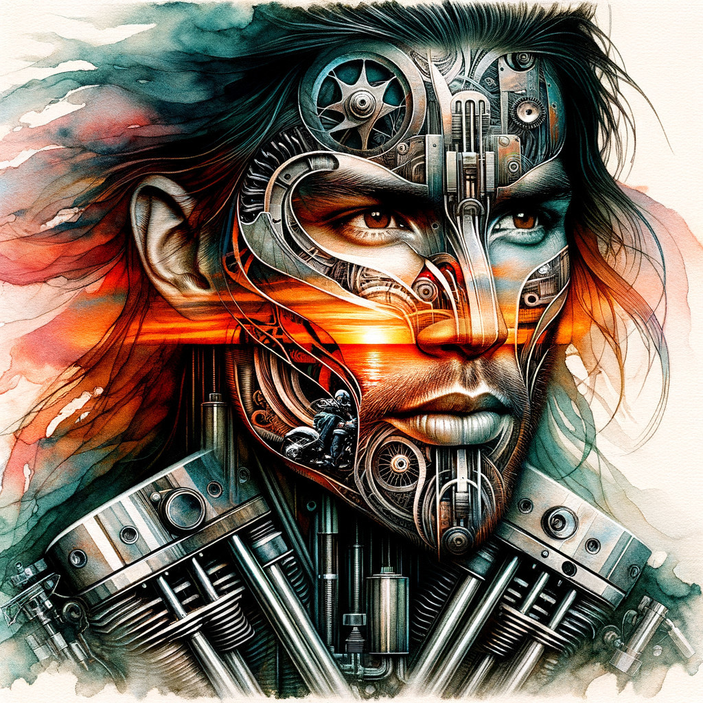 Fusion of Human and Machine in Surreal Artwork