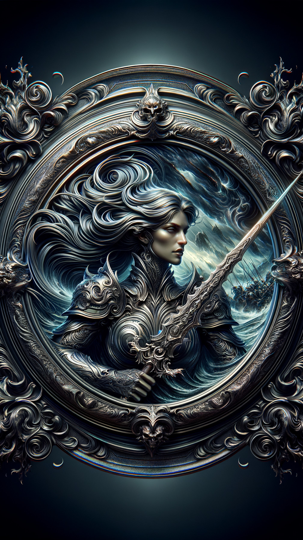 Warrior Woman in Ornate Silver Mirror with Waves
