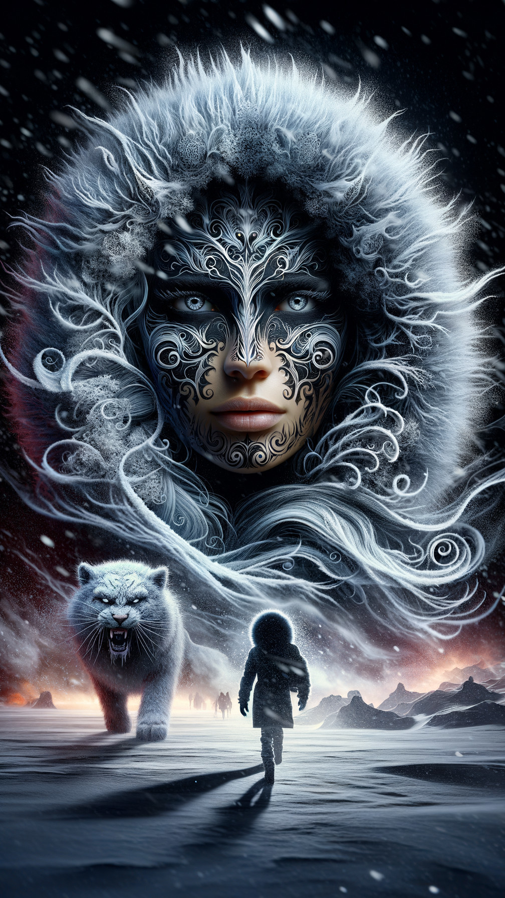 Mystical Figure in Frosty Landscape with Child and Bear