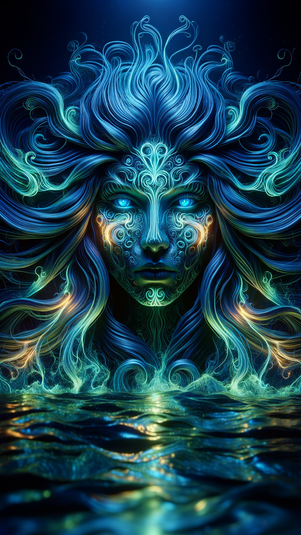 Ethereal Figure in Luminous Waves and Patterns