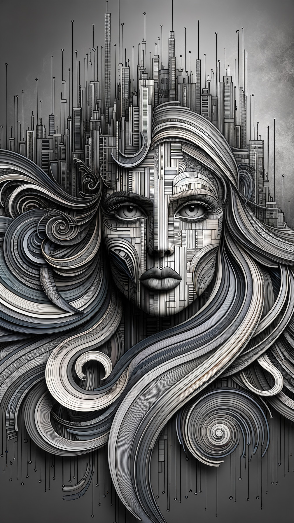 Abstract Portrait of Woman with Cityscape Elements
