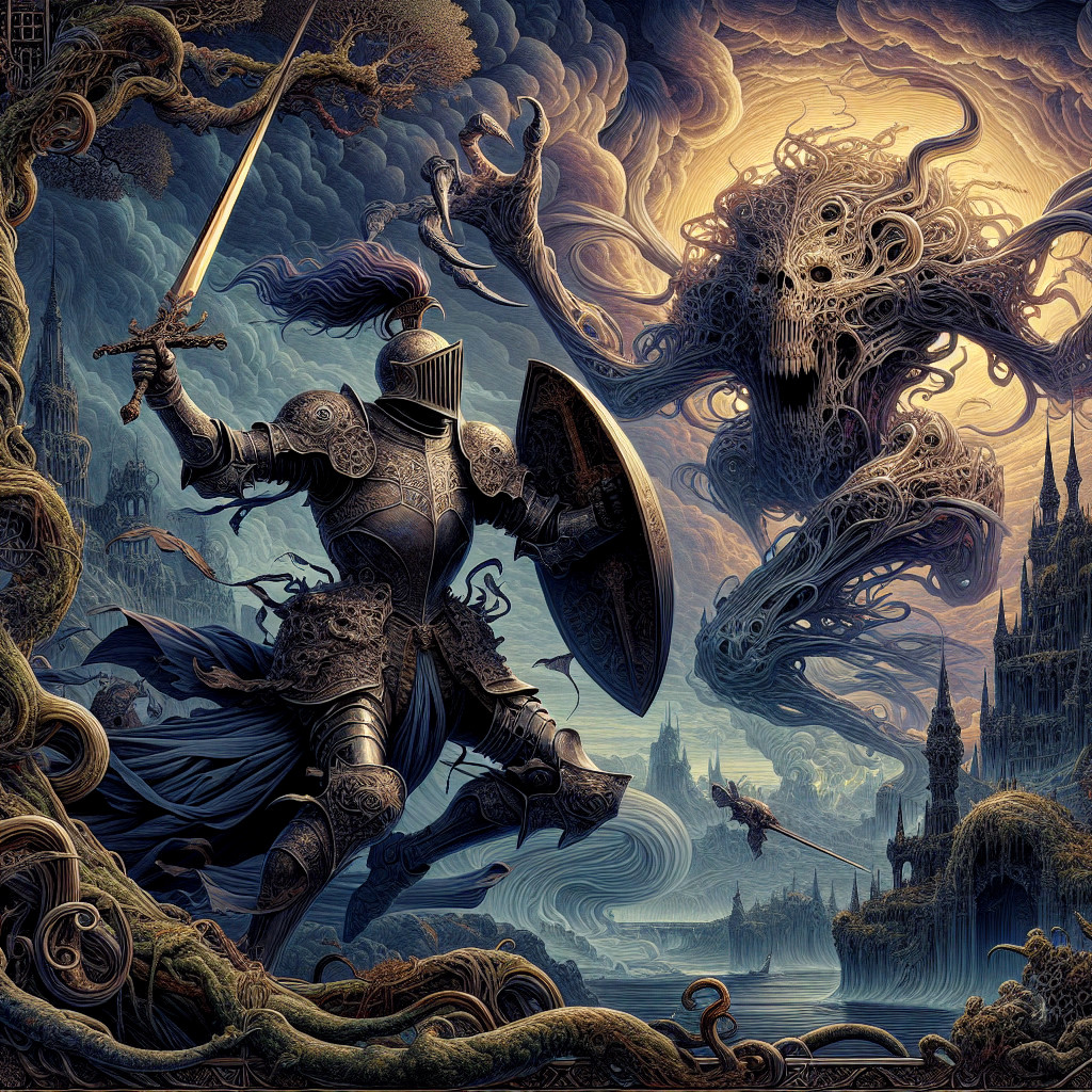 Knight in Armor Faces Monstrous Creature at Twilight