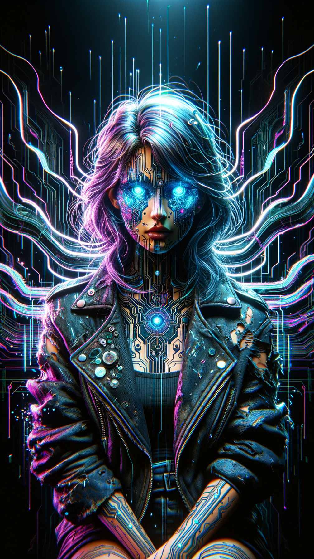 Futuristic Cybernetic Figure in Neon Atmosphere