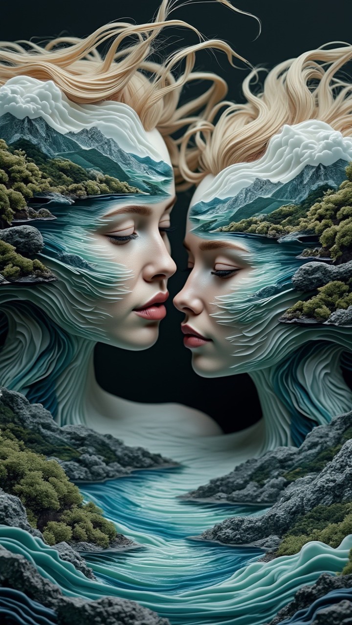 Ethereal Faces Intertwined with Natural Landscapes