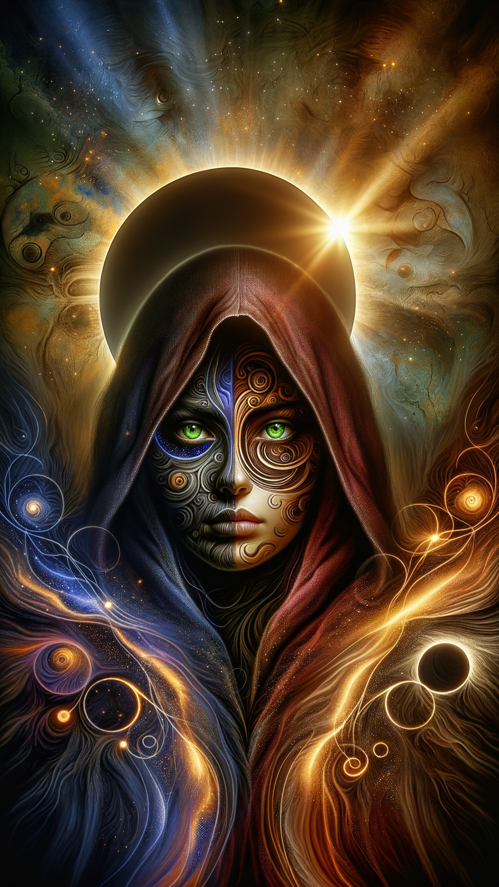 Mystical Figure in Cosmic Colors with Halo and Patterns