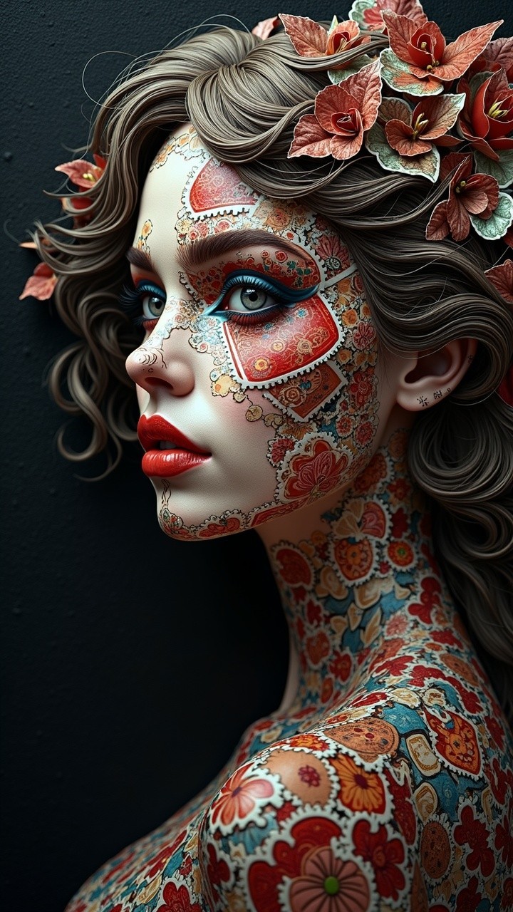 Portrait of a Woman with Floral Body Art and Hair