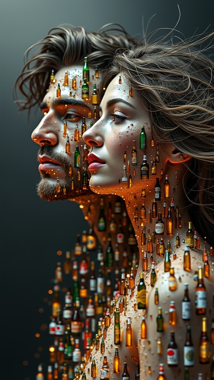 Stylized Profiles with Translucent Bottles on Dark Background