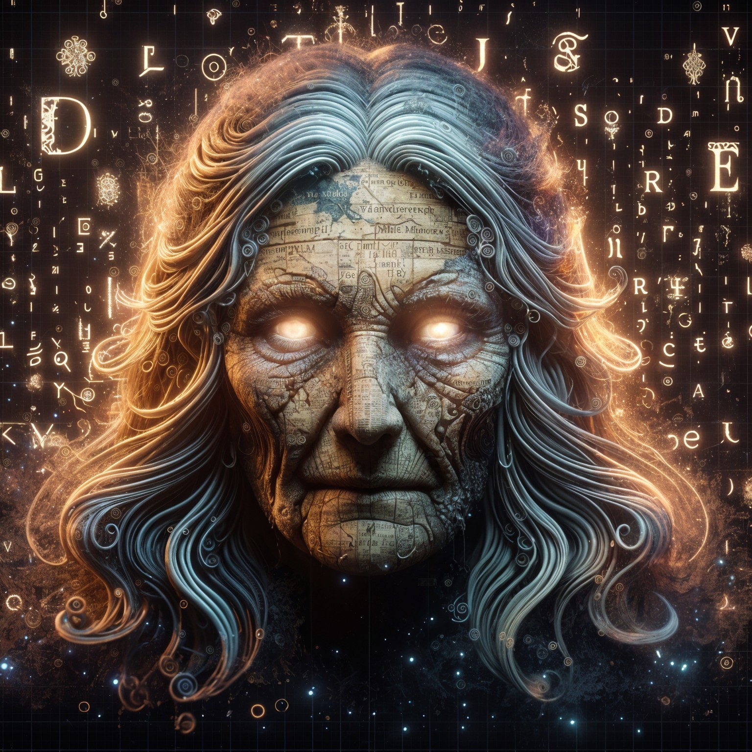 Elderly Woman's Face with Mystical Symbols and Light