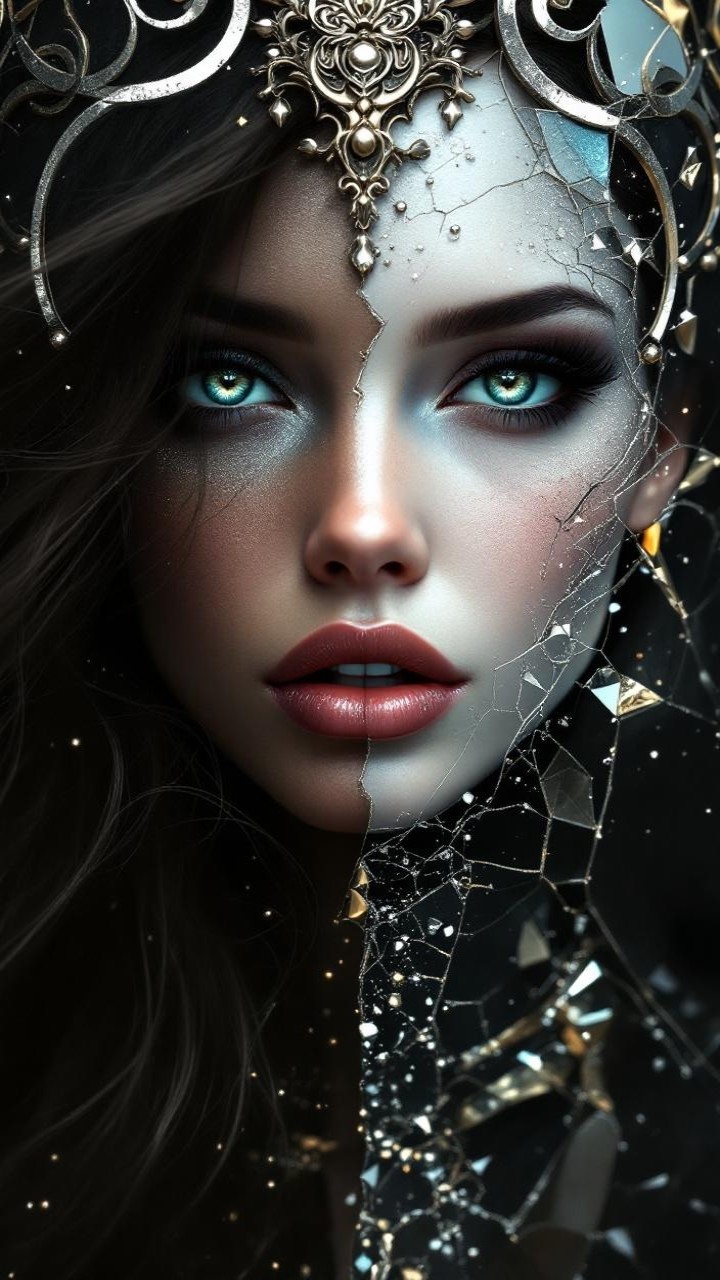 Portrait of a woman with blue eyes and shattered glass
