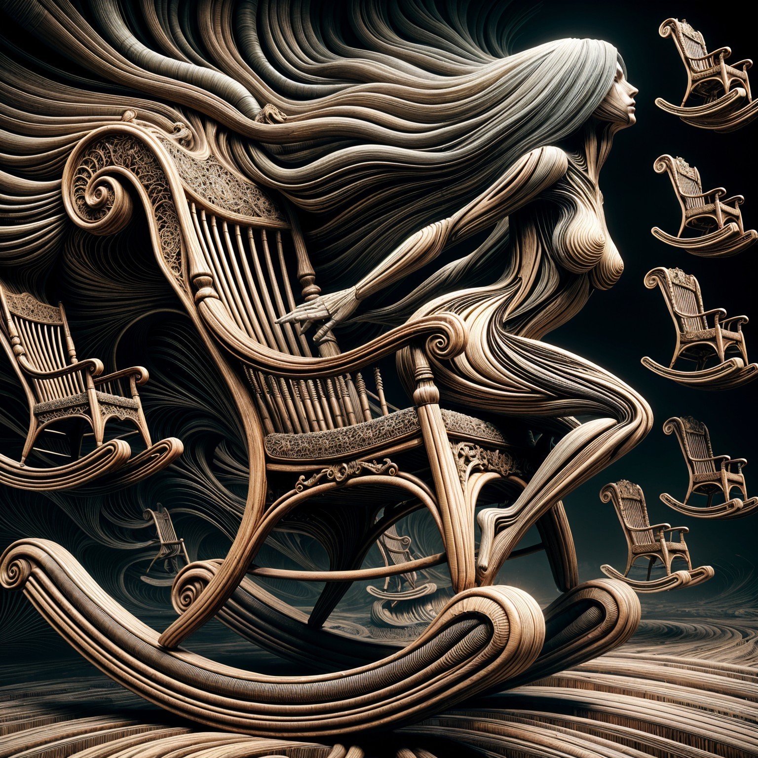 Surreal Scene of Wood-like Woman on Rocking Chair