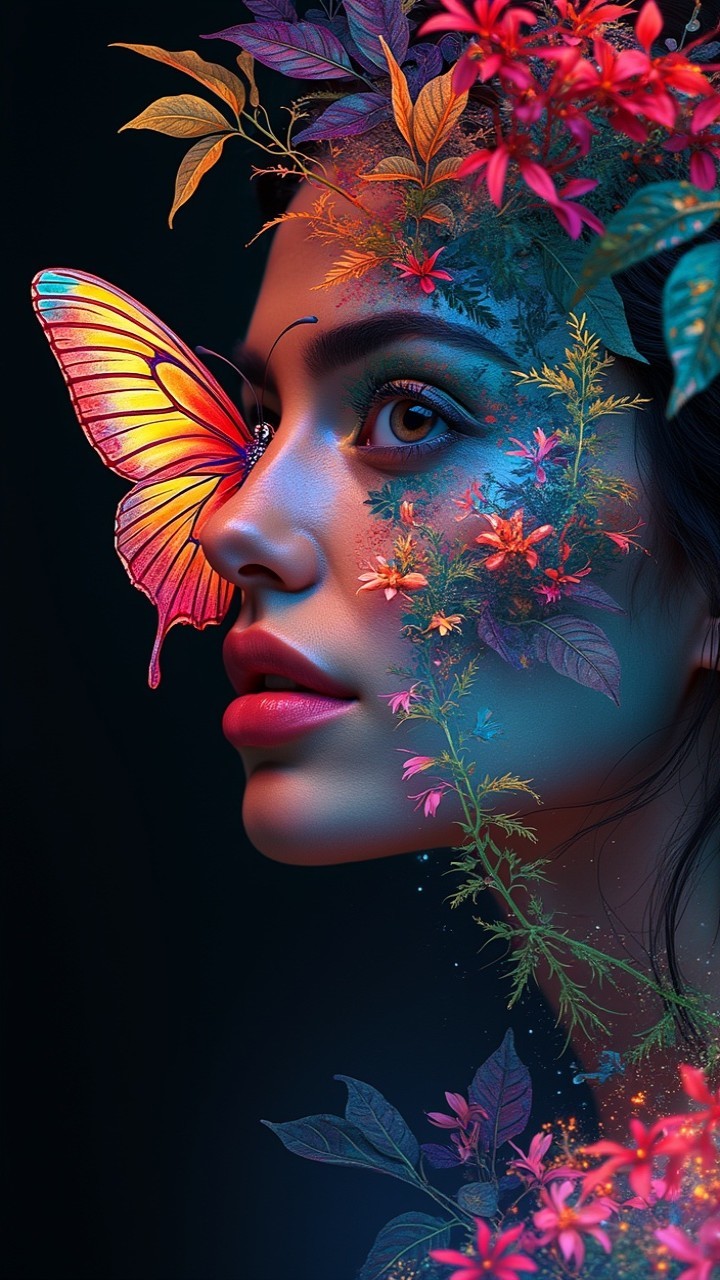 Surreal Portrait of Woman with Flowers and Butterflies