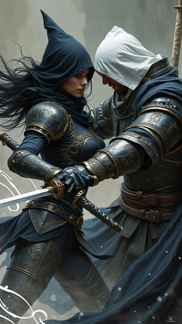Cloaked Warrior and Armored Knight Confrontation Scene