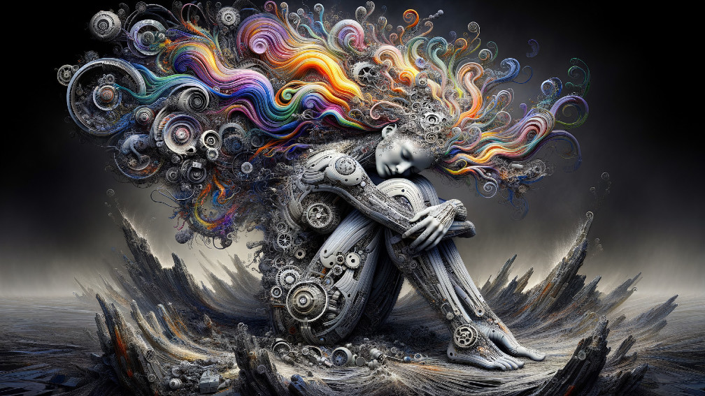 Contemplative Figure with Mechanical Elements and Colors