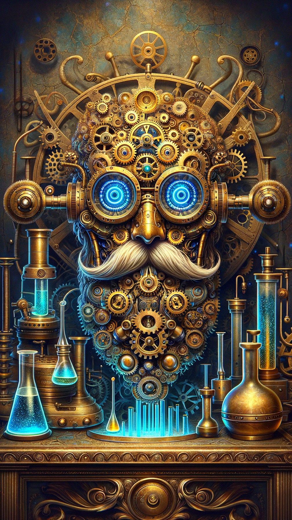 Steampunk Mechanical Face with Gears and Glowing Eyes