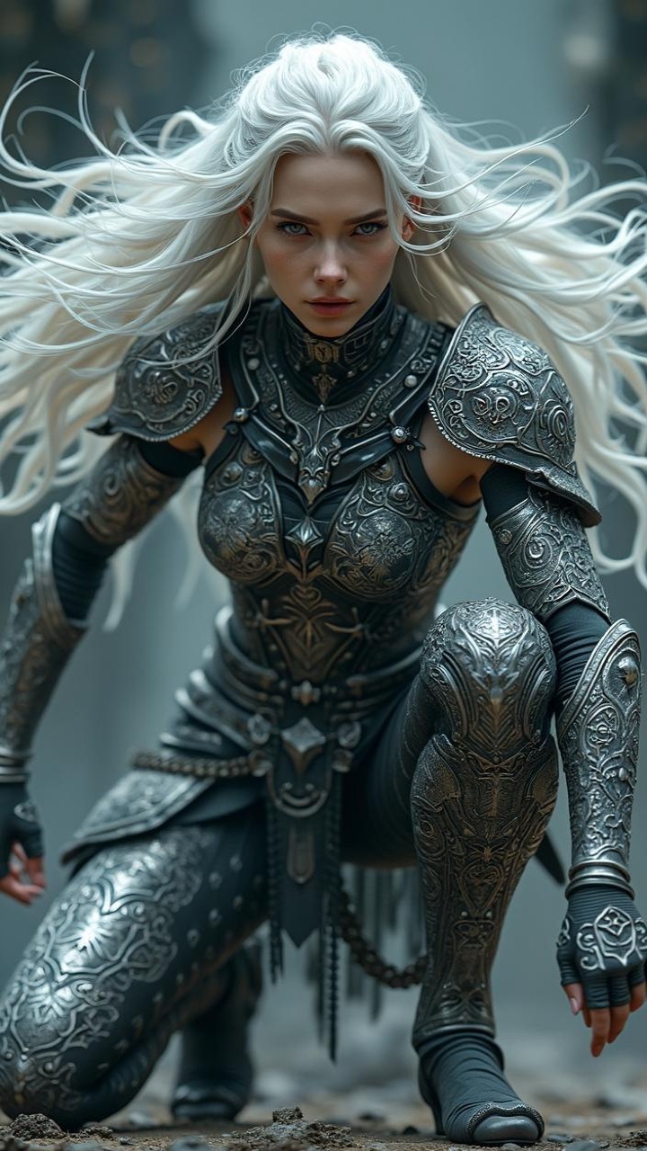 Fierce Female Warrior in Intricate Silver Armor