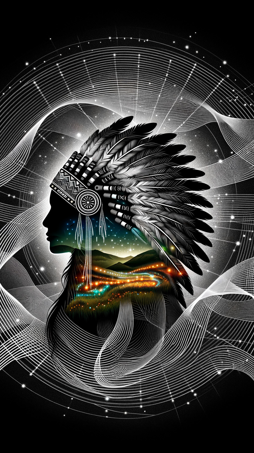 Silhouette of a Native American Chief with Landscape Elements