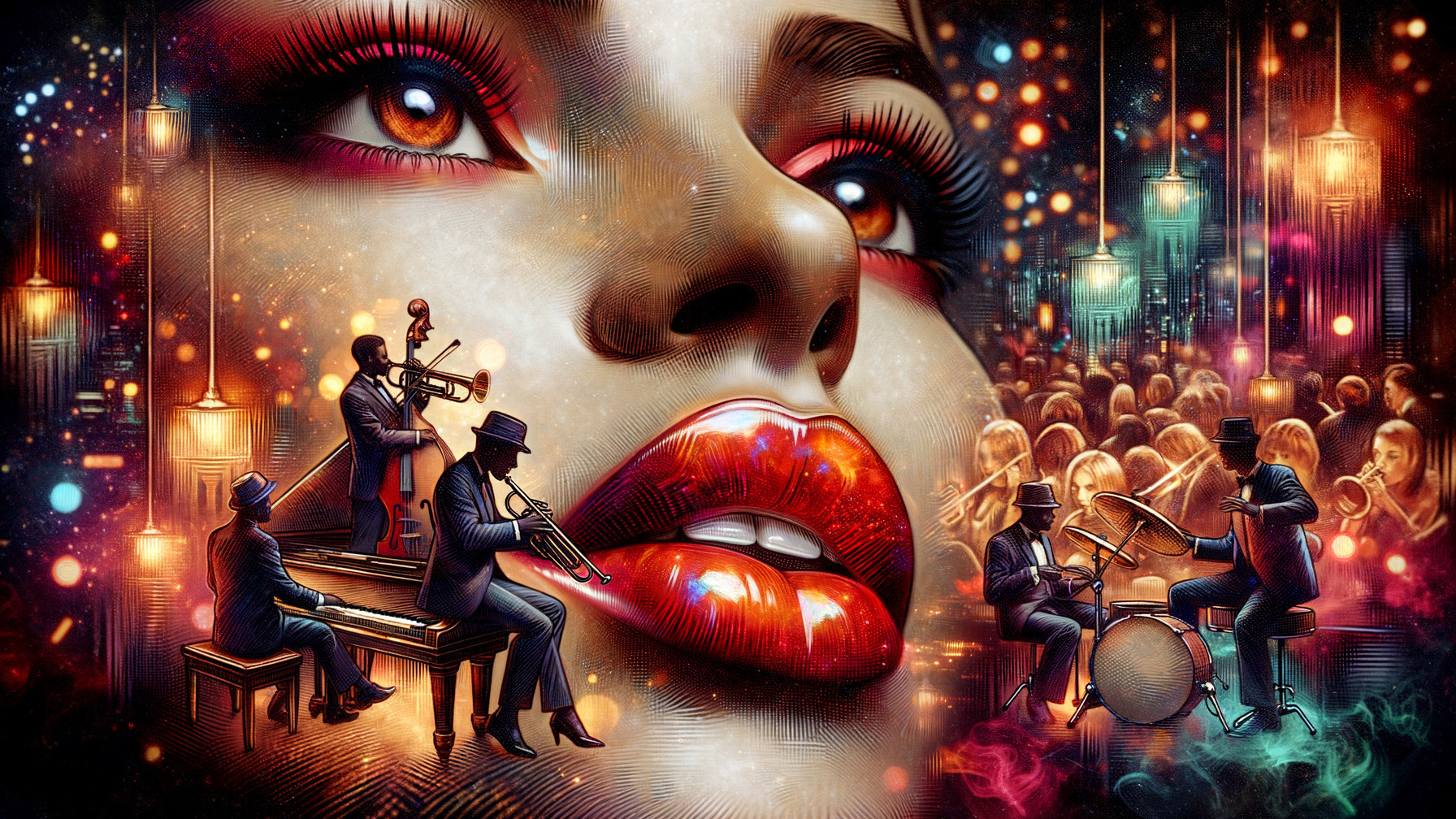 Close-Up of Woman's Face in Vibrant Jazz Scene