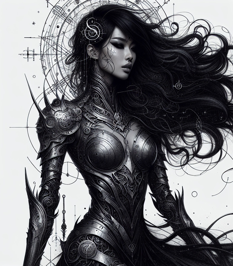 Female figure in dark metallic armor with patterns