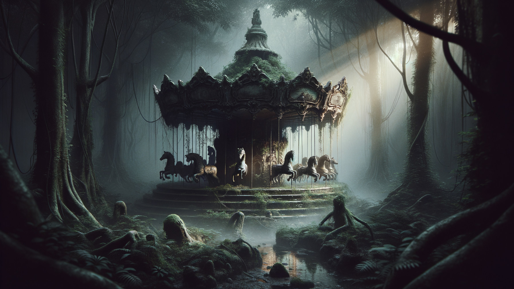 Ornate Carousel in an Enchanted Misty Forest