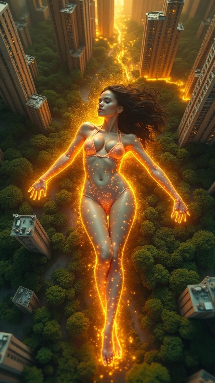 Surreal Scene of Woman in Bikini Among Skyscrapers