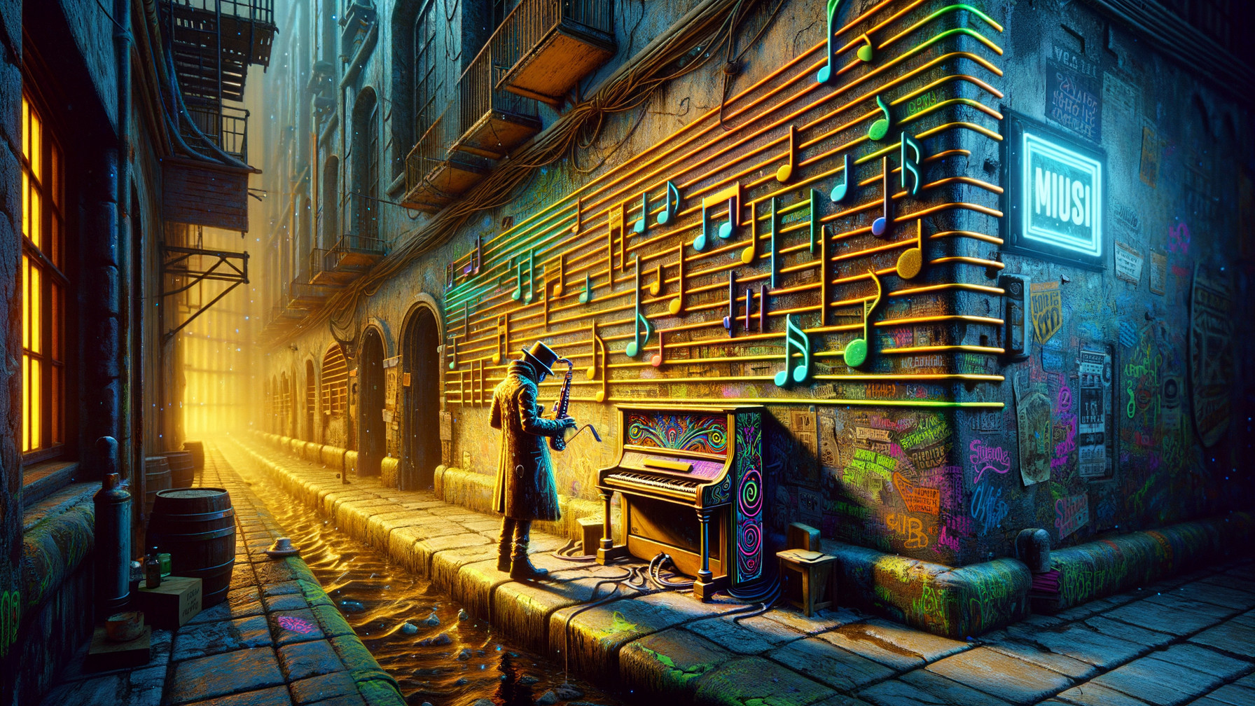 Street Musician at Colorful Piano in Graffiti Alley