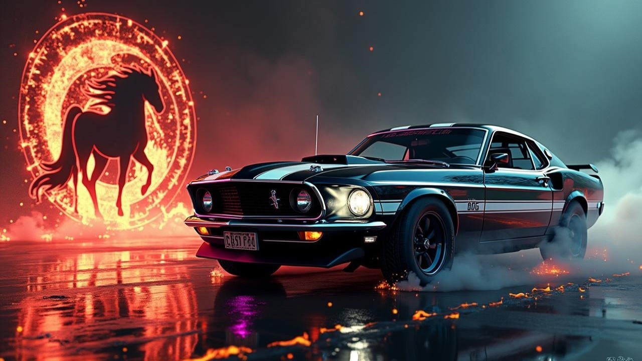 Classic Muscle Car with Bold Stripes and Smoke Effects