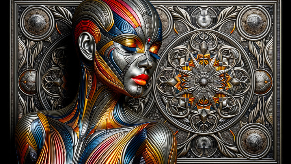 Futuristic figure with metallic patterns and vibrant colors