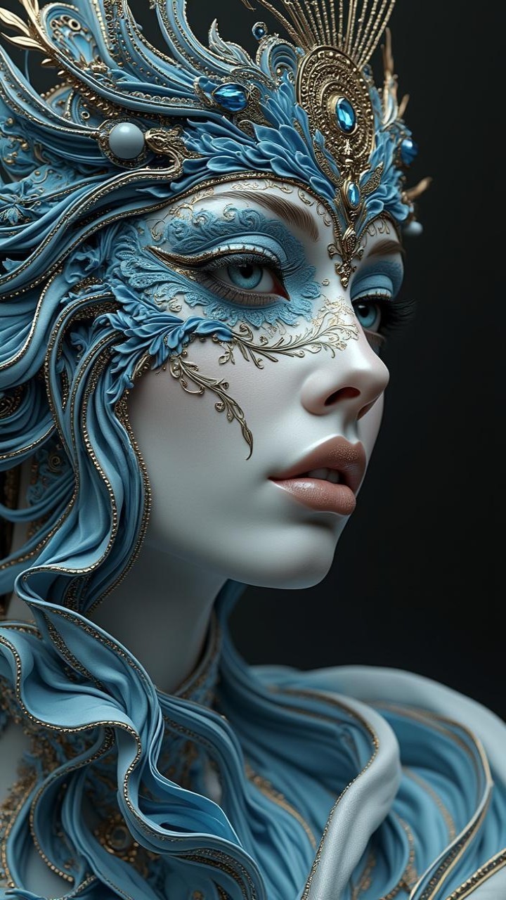 Portrait of a woman with blue and gold facial adornments