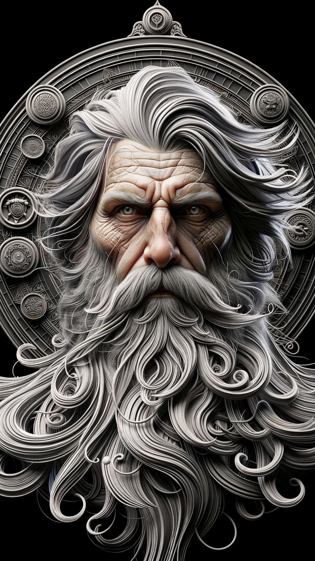 Hyper-realistic portrait of an elderly figure with beard