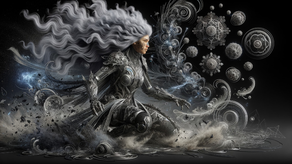Futuristic figure in metallic armor channeling energy