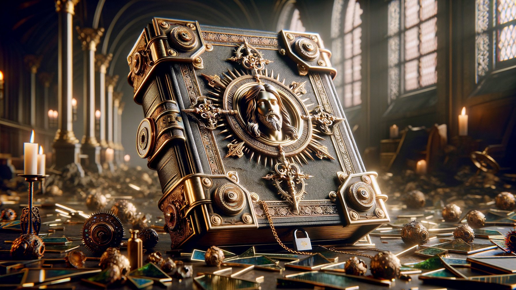 Ancient Book with Golden Decorations in Mystical Room