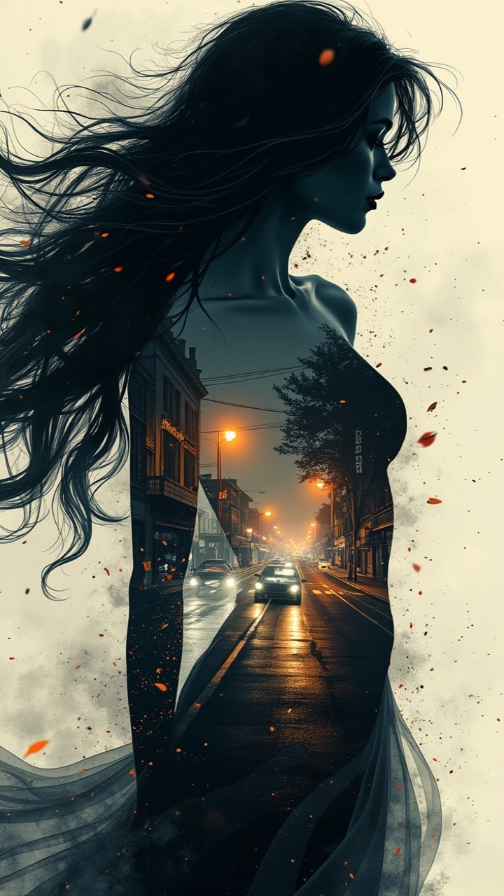 Silhouette of Woman Merging with Urban Cityscape