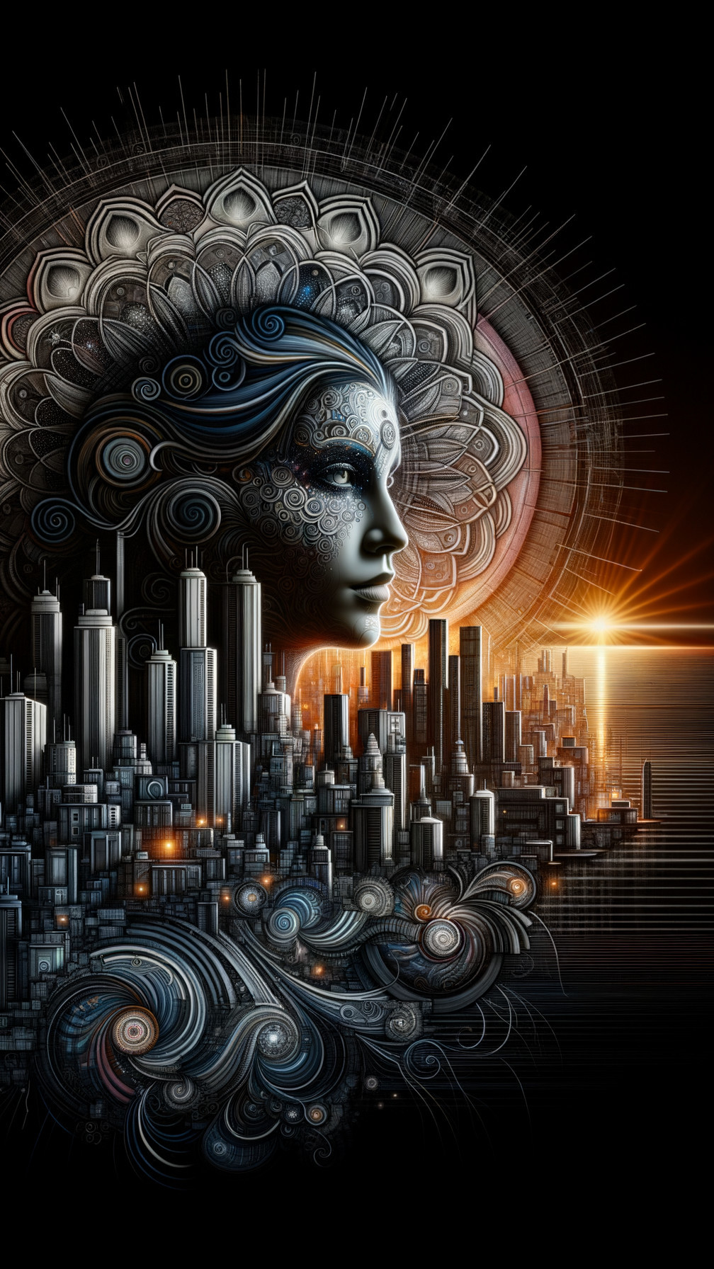 Stylized Female Face with City Skyline and Nature Elements