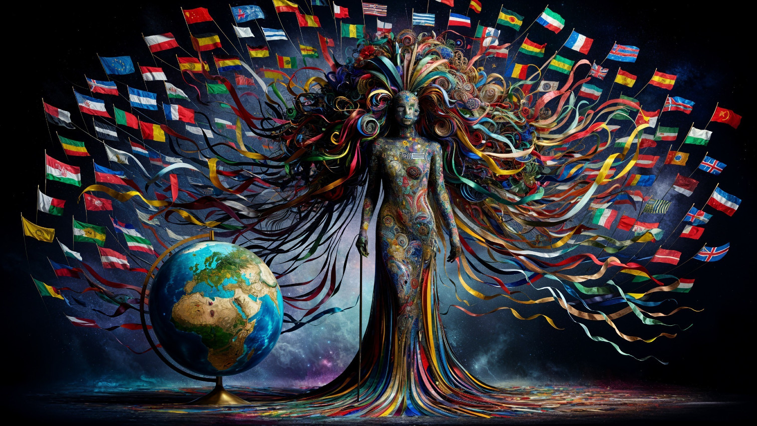 Ethereal Figure with Flags in Cosmic Landscape