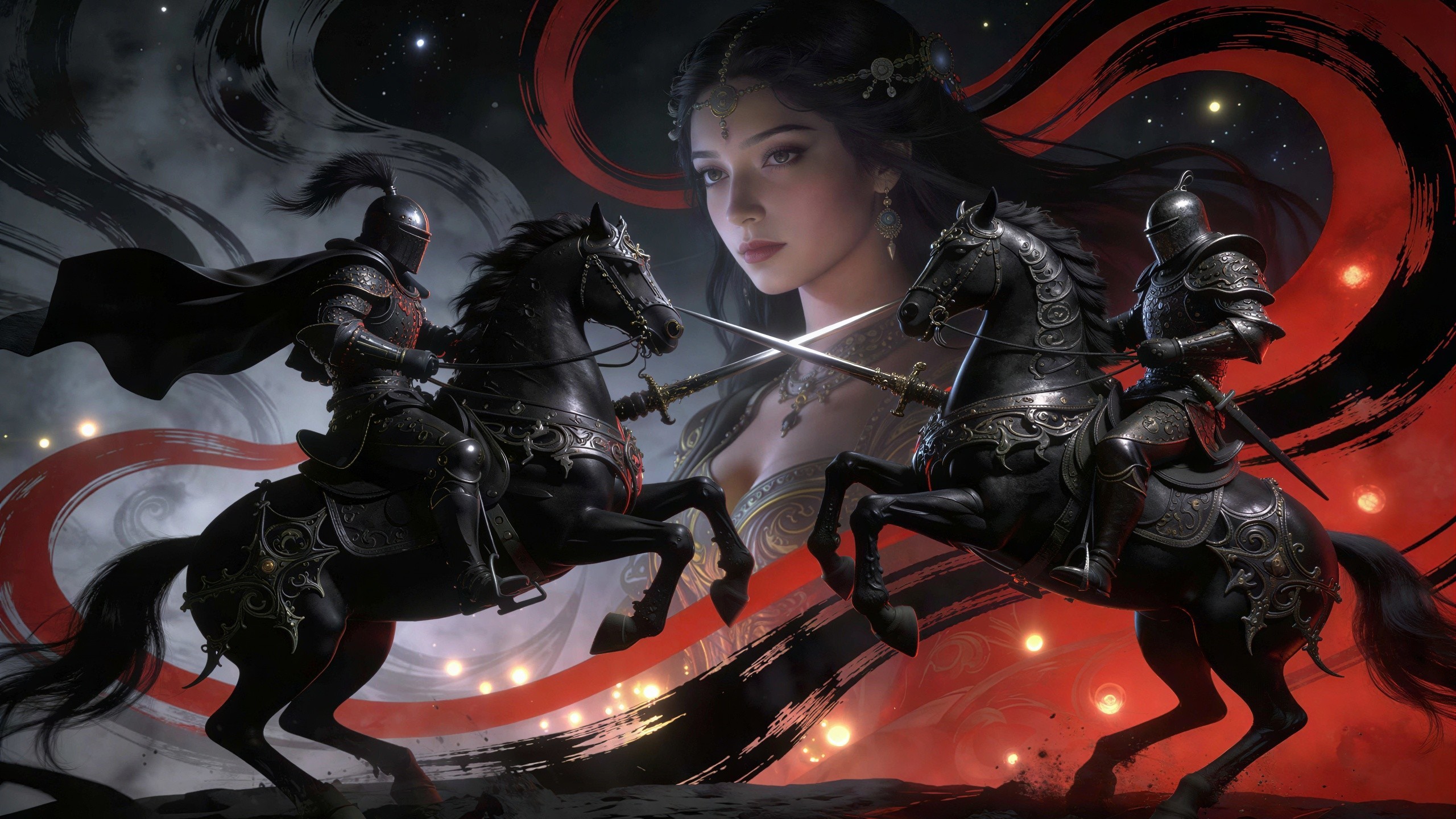 Intricately Armored Knights Facing Each Other on Horses