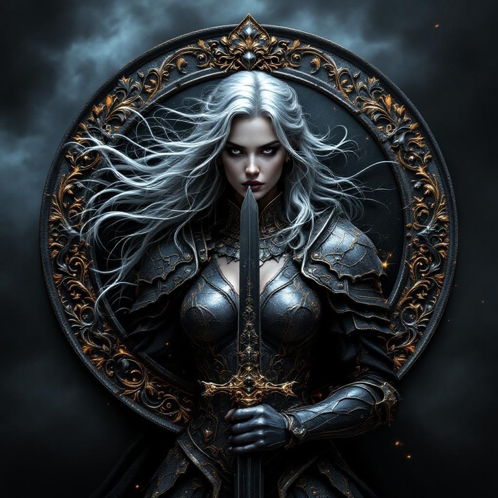 Fierce Warrior Woman in Dark Armor with Sword