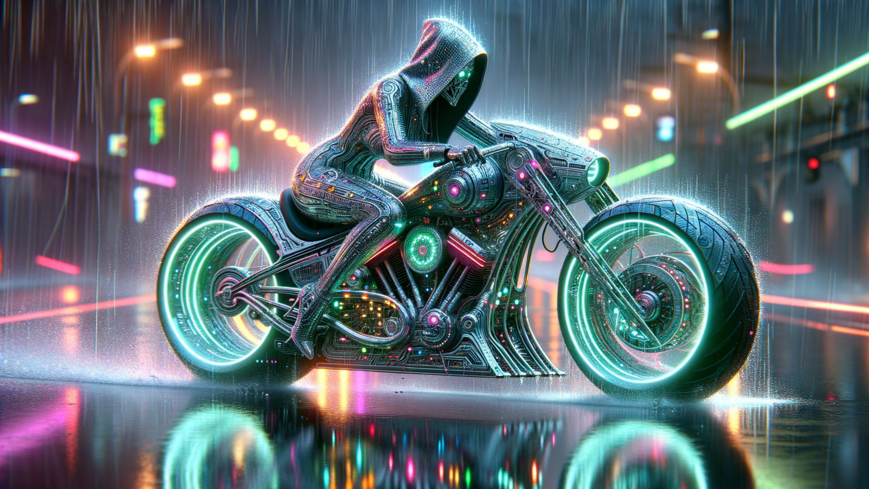Futuristic motorcyclist in neon-lit suit rides high-tech bike