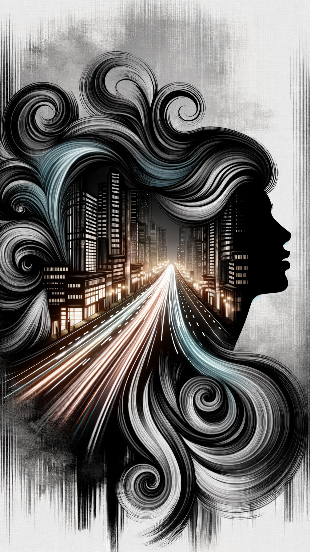 Silhouette of Woman's Face with Cityscape and Light Trails