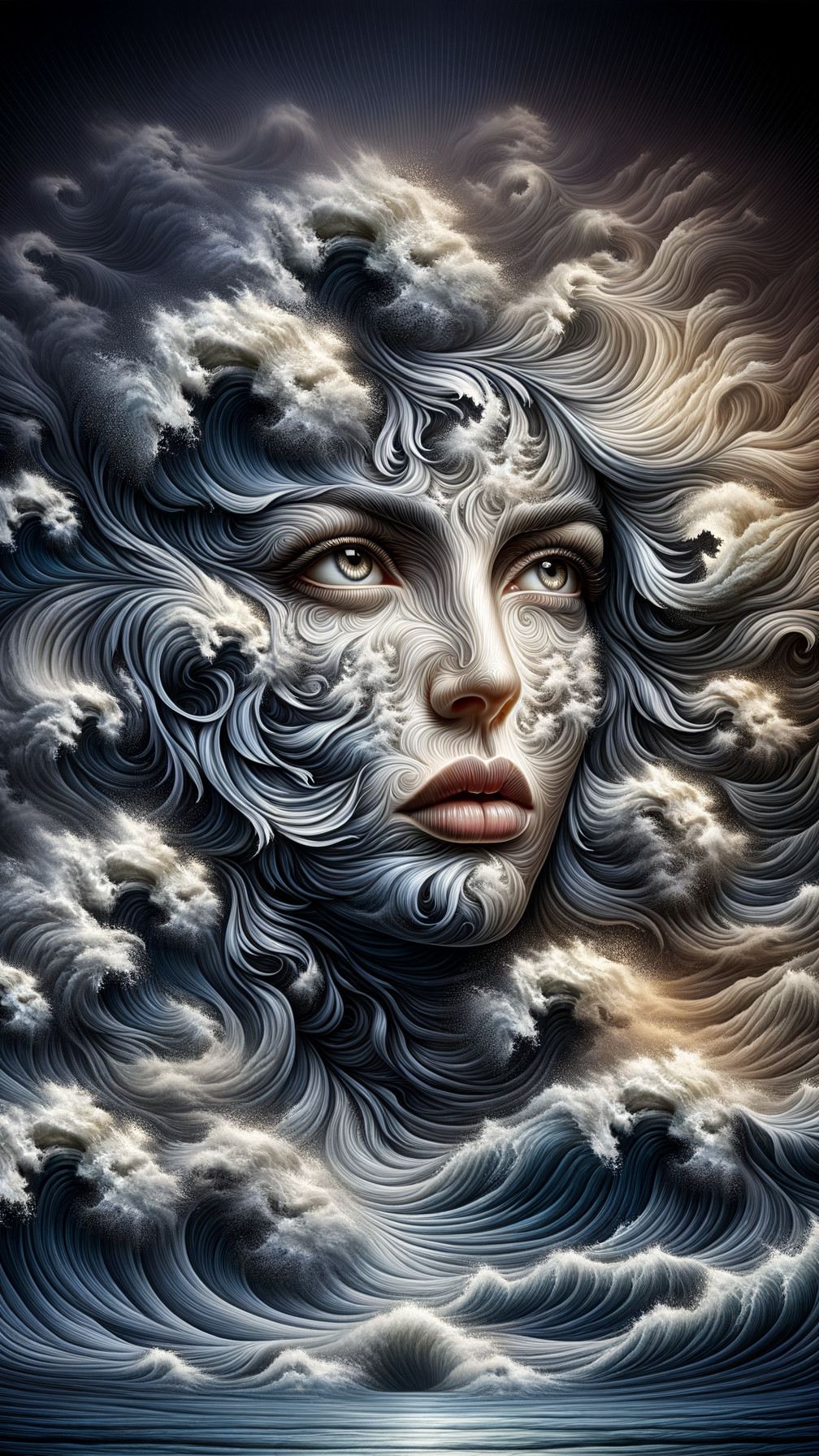 Ethereal Face in Swirling Clouds with Intricate Patterns
