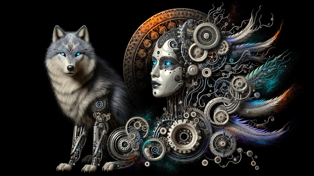 Majestic Wolf with Metallic Body and Robotic Face