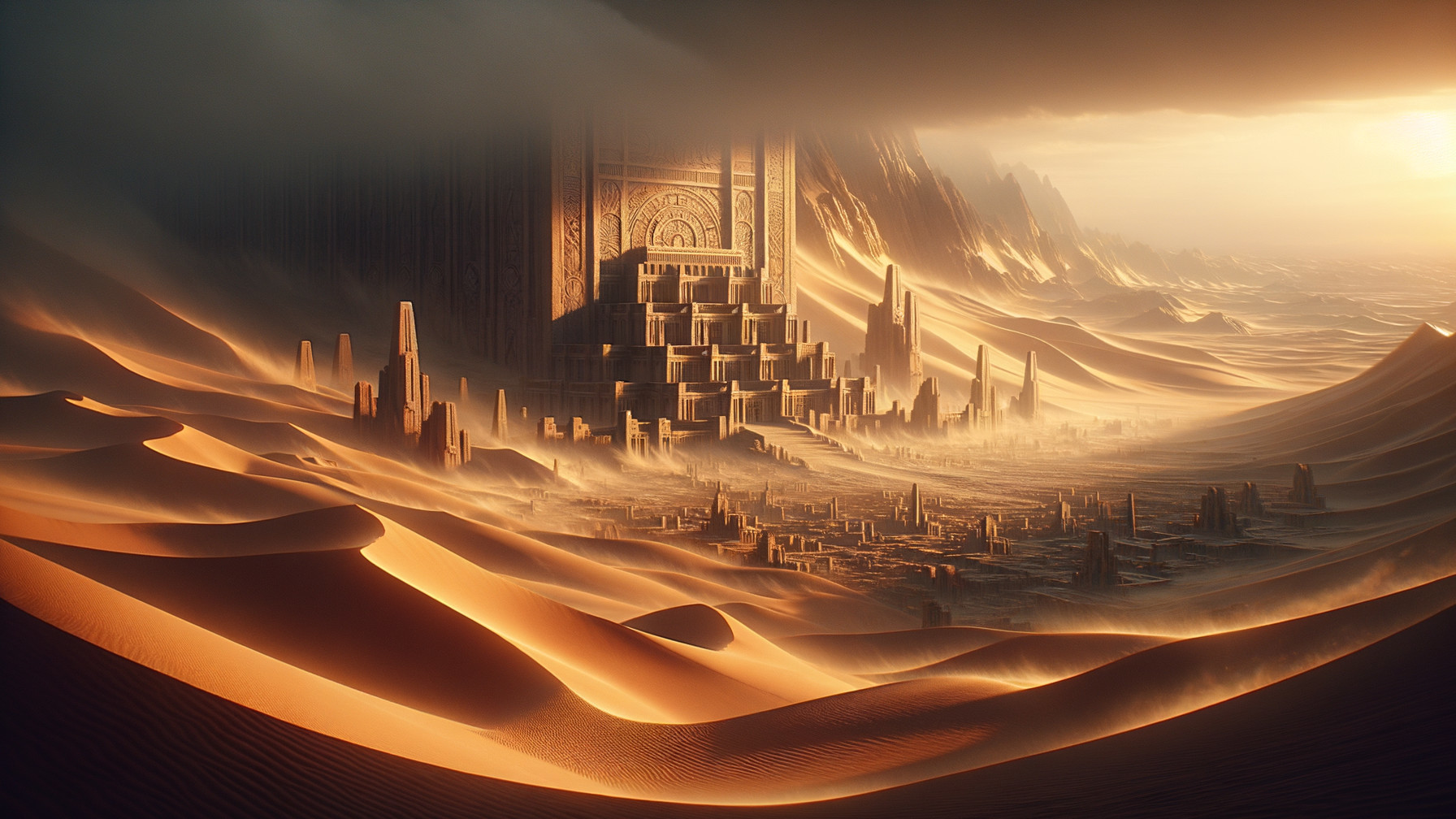 Desert Landscape with Sand Dunes and Ancient Ruins