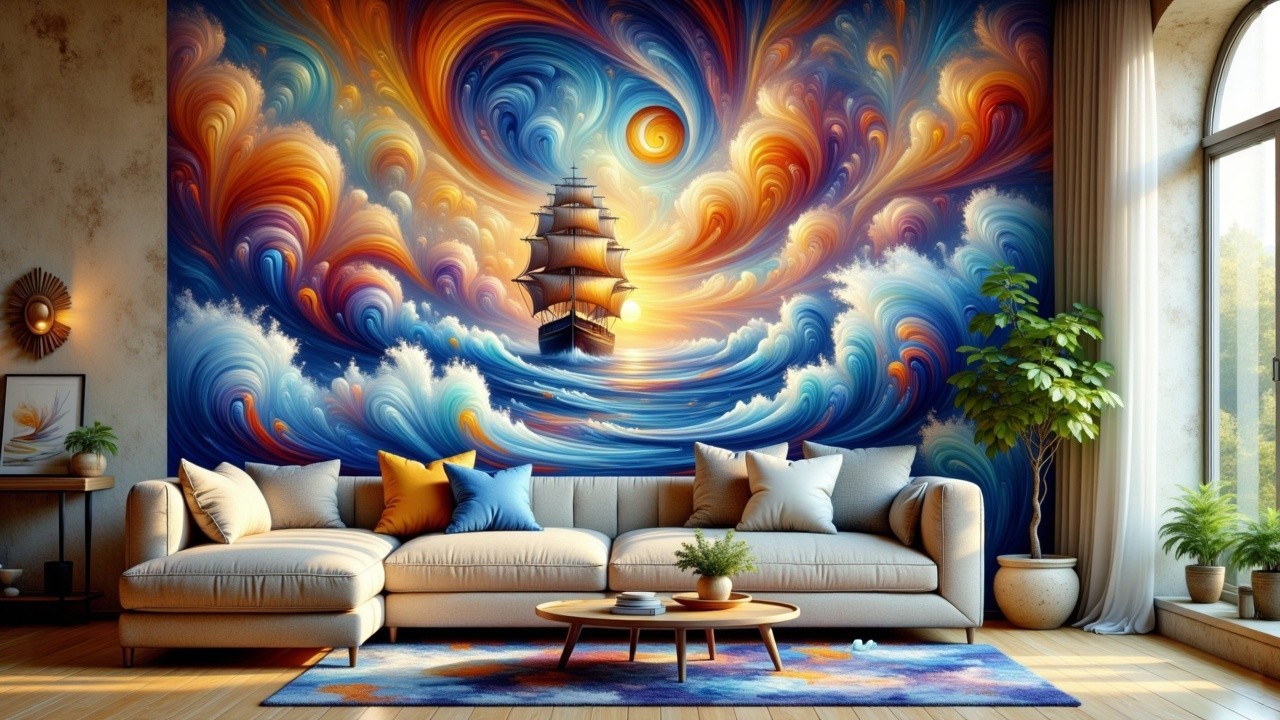 Vibrant Living Room with Colorful Mural and Decor
