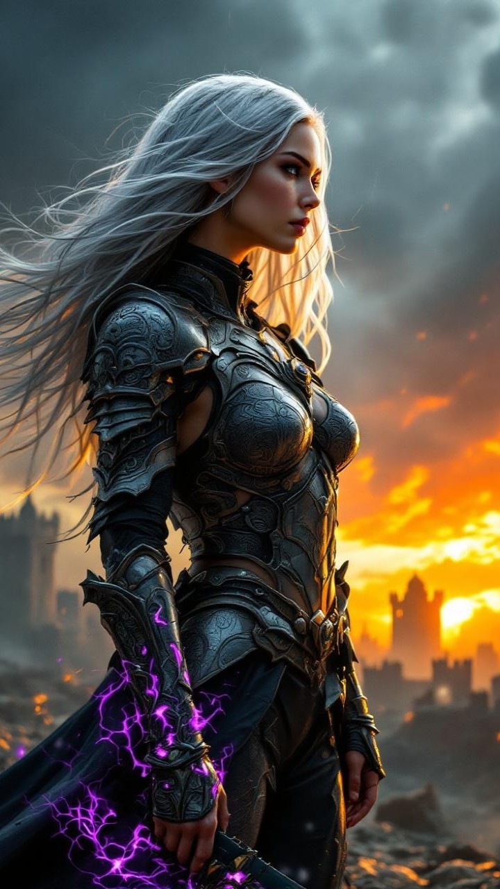 Fierce warrior in intricate armor against sunset backdrop